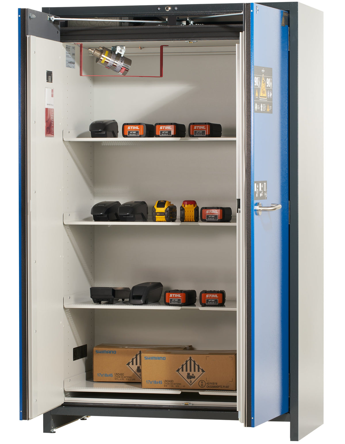 ION-PRO-90 Store lithium-ion battery storage cabinet with 4 insulated shelves