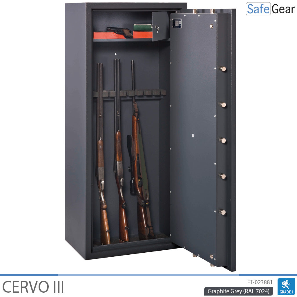 Cervo III gun safe in Graphite Grey, door open with rifles and interior safe