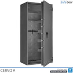 Cervo V gun safe in Graphite Grey, door open at 45 degrees, empty