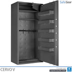 Cervo V gun safe in Graphite Grey, door open at 90 degrees, empty, with door compartments