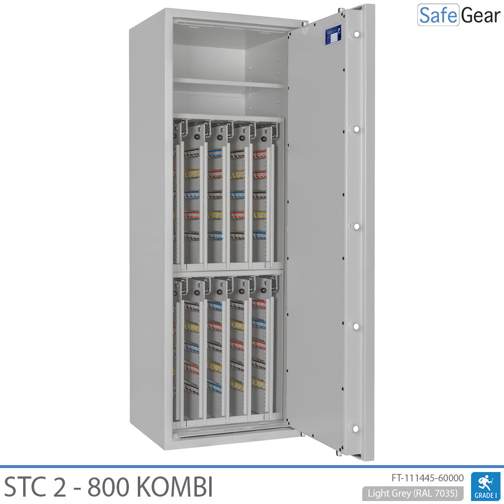 STC 2-800 Kombi key safe in light grey, door open, pull-out key walls filled with keys and a shelf