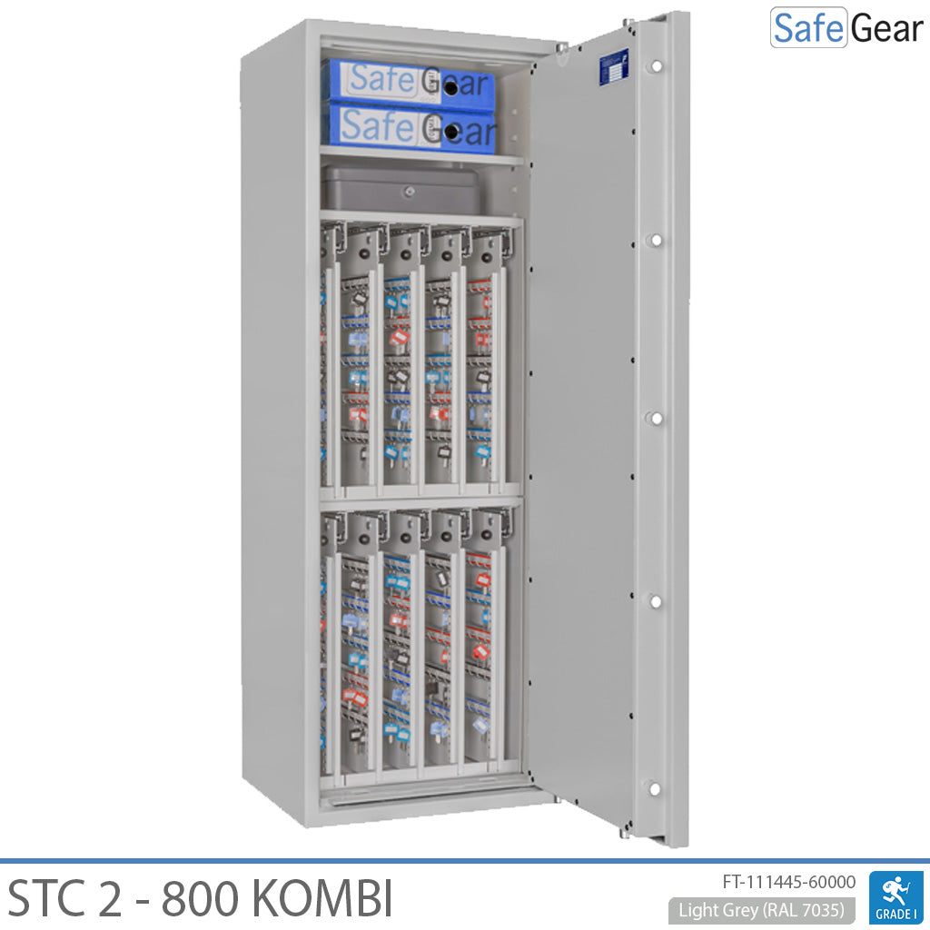 STC 2-800 Kombi key safe in light grey, door open with keys and A4 binders on the shelf