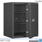 KWT 3100 gun safe in Graphite Grey, door open, empty with two shelves