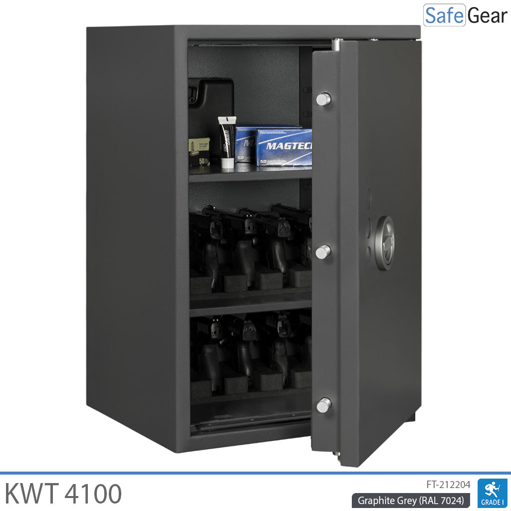 KWT 4100 gun safe in Graphite Grey, door open at 45 degrees with handguns in 5-handgun holders and ammunition