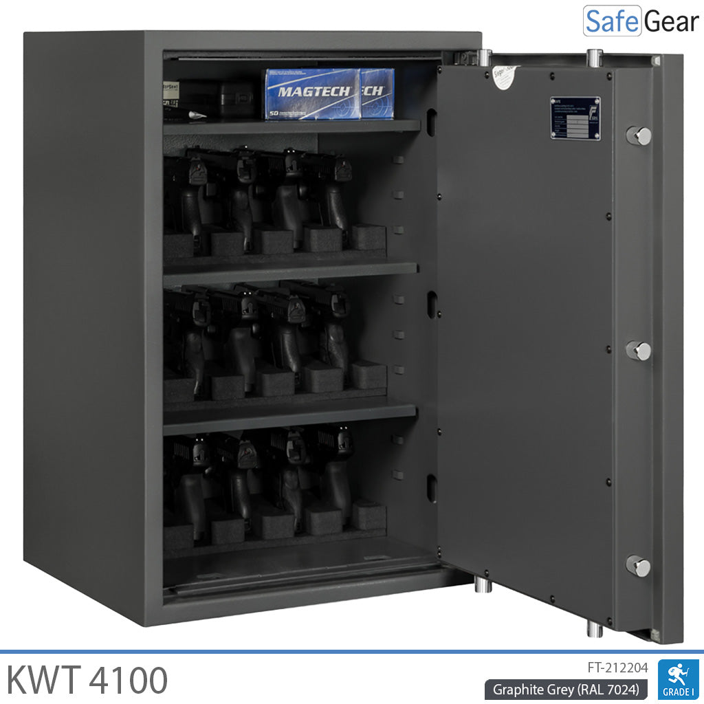 KWT 4100 gun safe in Graphite Grey, door open at 90 degrees with handguns in three 5-handgun holders and ammunition