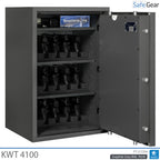 KWT 4100 gun safe in Graphite Grey, door open at 90 degrees with handguns in three 5-handgun holders and ammunition
