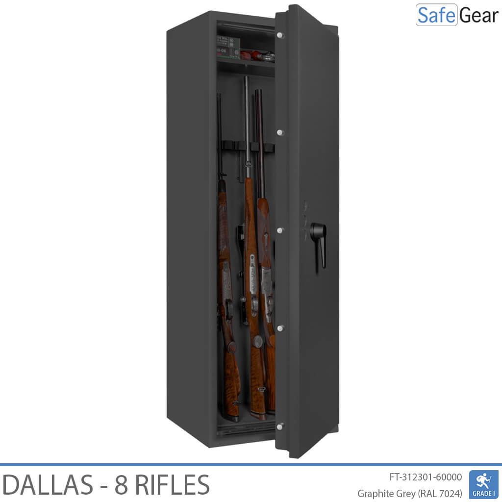 Dallas 8 gun safe in Graphite Grey, door open with rifles, black handle