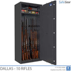 Dallas 10 gun safe in Graphite Grey, door open with 10 rifles