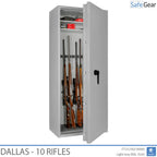 Dallas 10 gun safe in Light Grey, door open with rifles, black handle