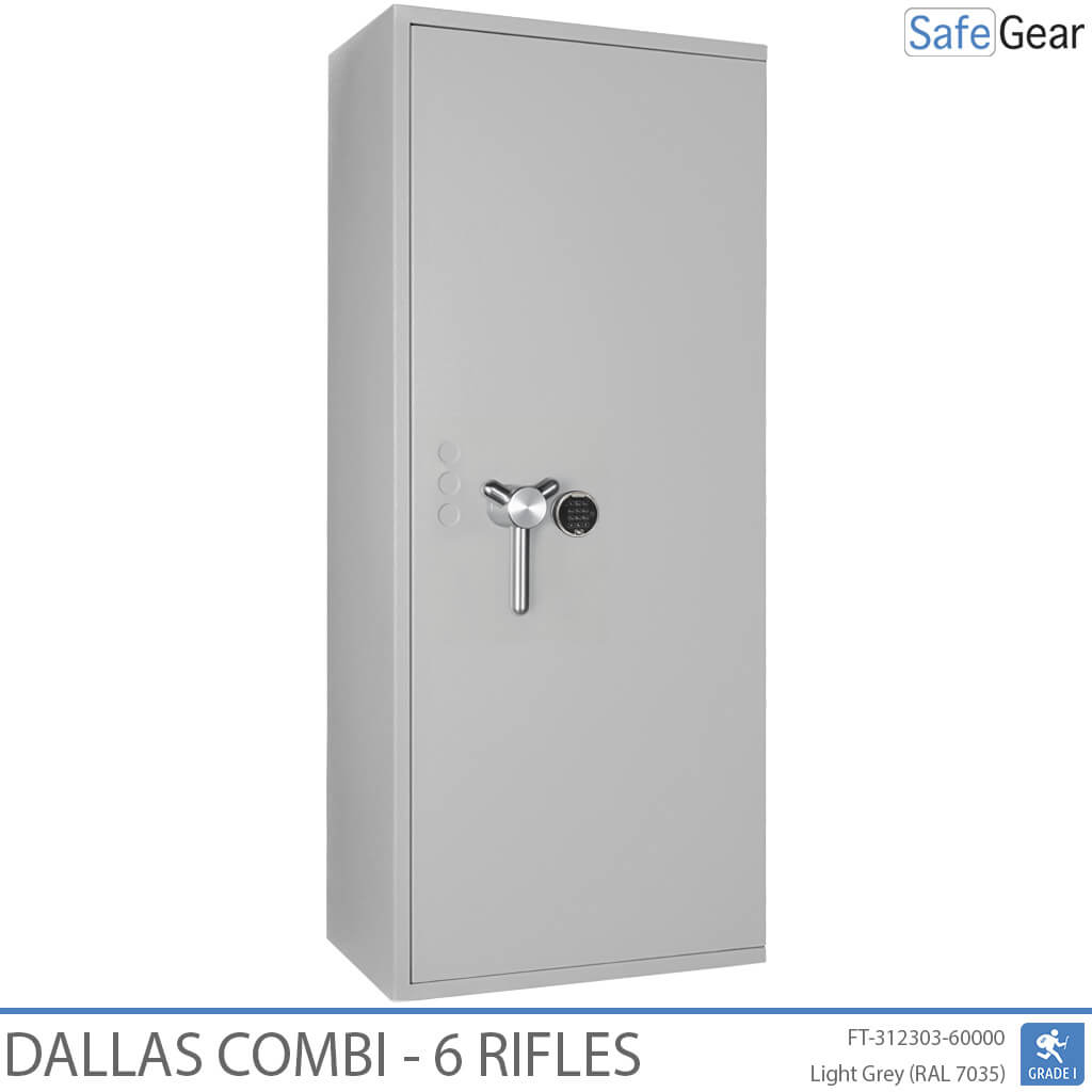 Dallas Combi 6 gun safe in Light Grey, door closed, electronic code lock