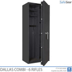 Dallas Combi 6 gun safe in Graphite Grey, door half open, rifle holders and shelved section