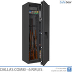 Dallas Combi 6 gun safe in Graphite Grey, door open with rifles