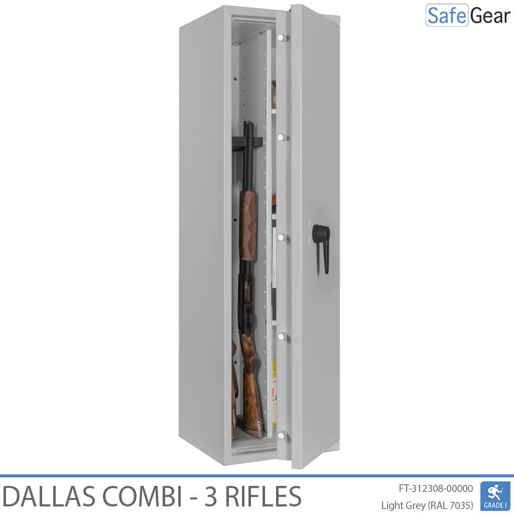 Dallas Combi 3 gun safe in Light Grey, door half open with rifles, black handle