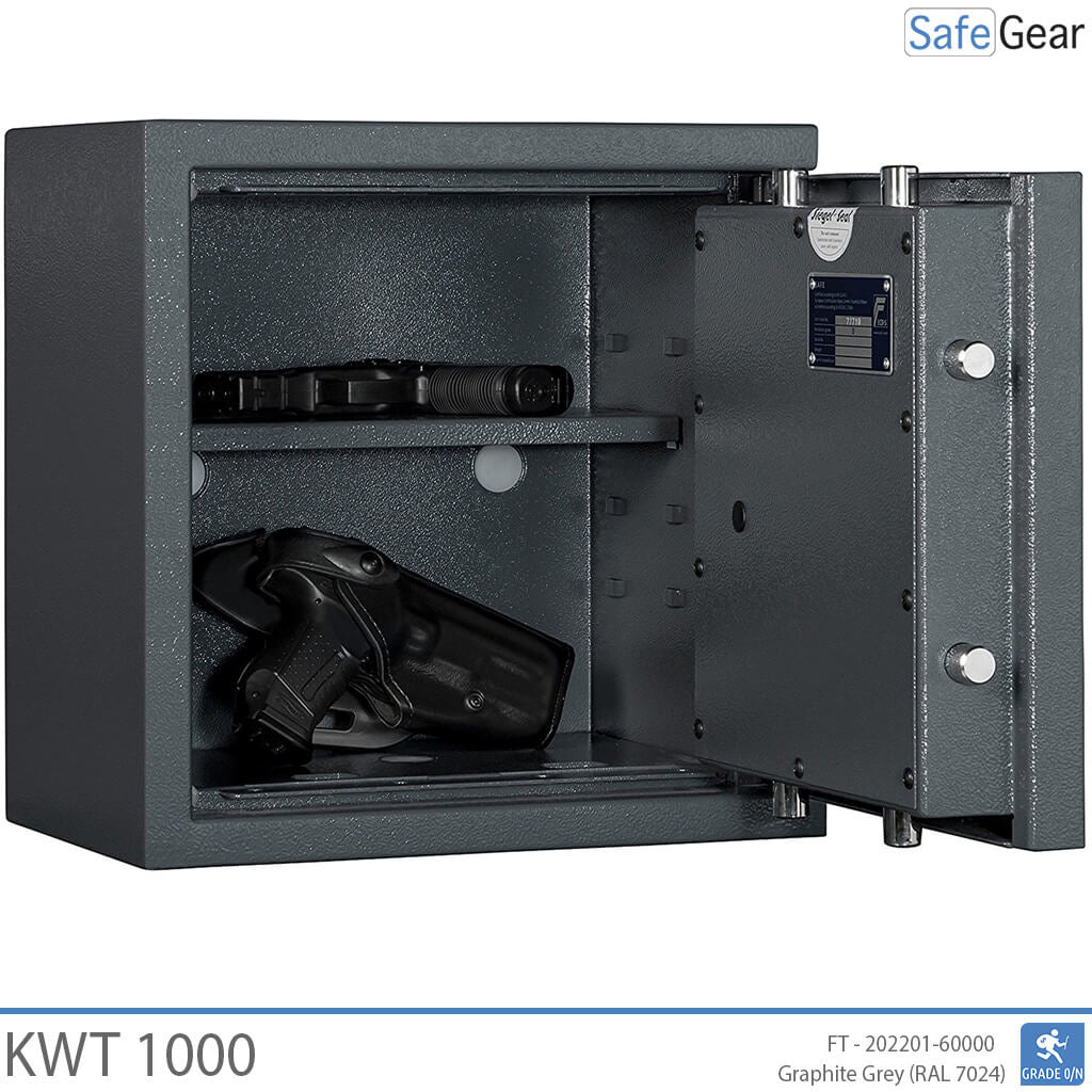 KWT 1000 gun safe in Graphite Grey, door open at 90 degrees with handguns on and below the shelf
