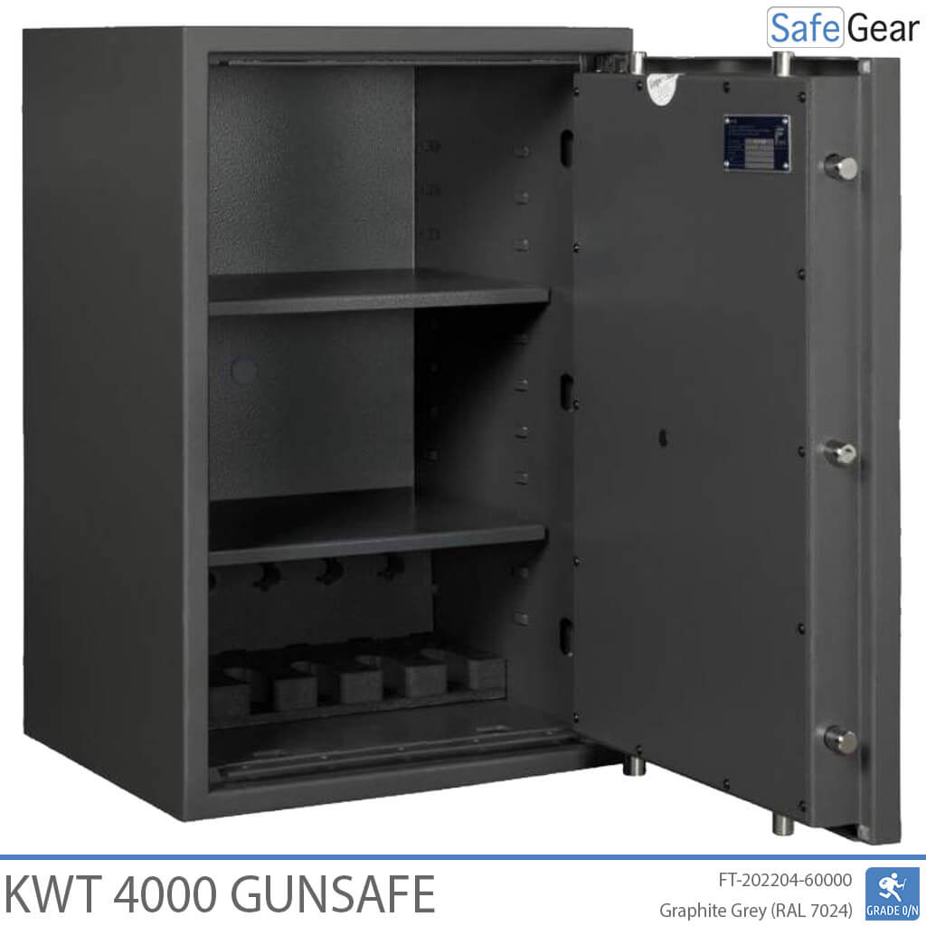 KWT 4000 gun safe in Graphite Grey, door open at 90 degrees, empty with 5-handgun holder