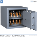 KWT Cervo 10 gun safe in Graphite Grey, door open with handguns in foam holders