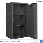KWT 5000 gun safe in Graphite Grey, door open at 90 degrees, empty with two shelves