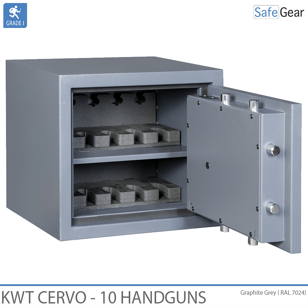 KWT Cervo 10 gun safe in Graphite Grey, door open with empty foam handgun holders