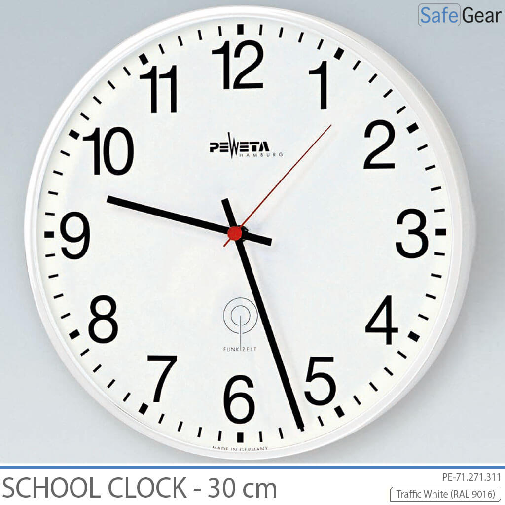 Analog school clock, 30 cm, white dial with Arabic numerals