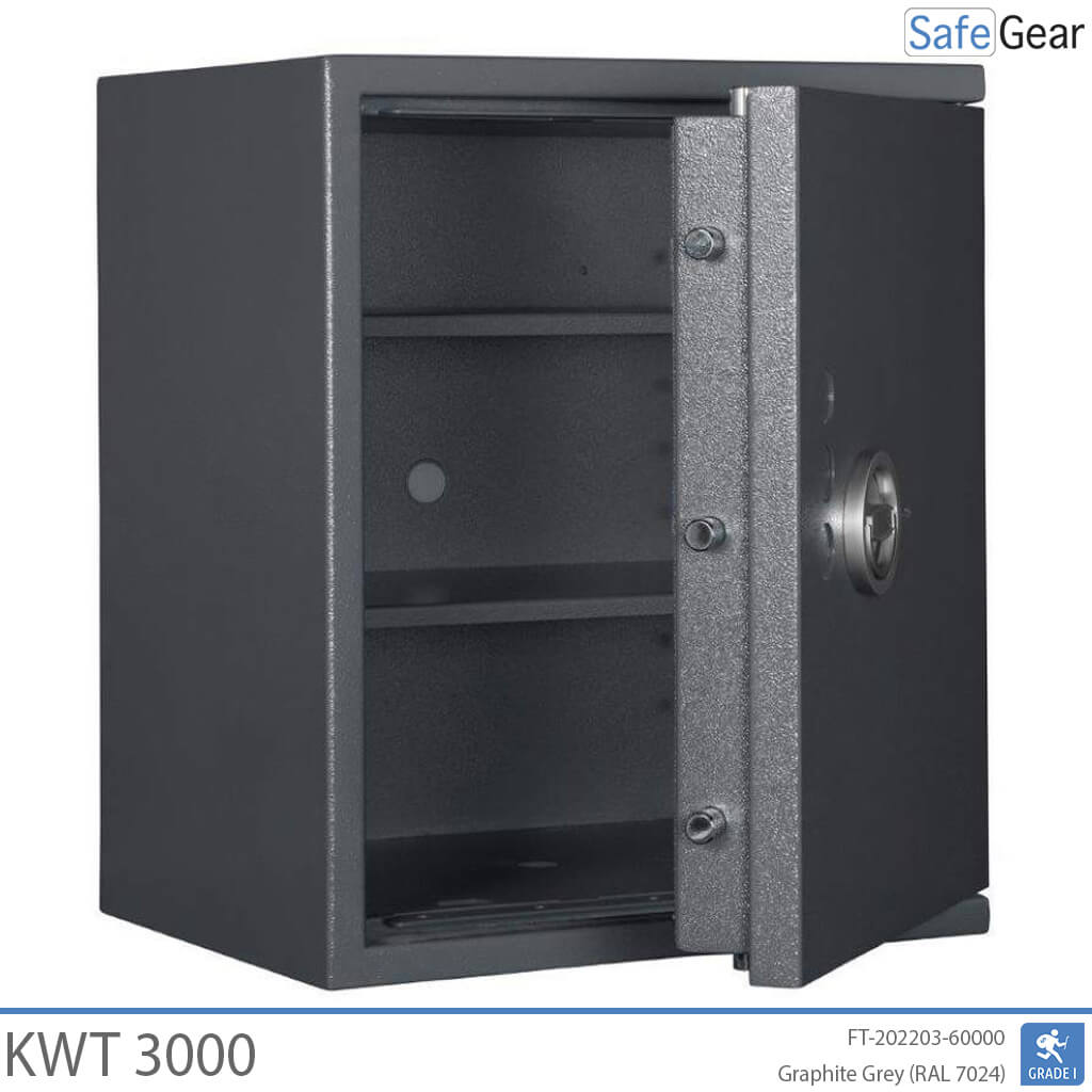 KWT 3000 gun safe in Graphite Grey, door open, empty with two shelves