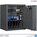 KWT 3000 gun safe in Graphite Grey, door open at 90 degrees with handguns in the 5-handgun holder and ammunition