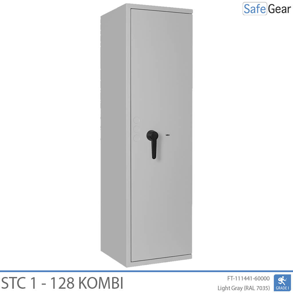 STC 1-128 Kombi key safe in light grey, door closed, angled view