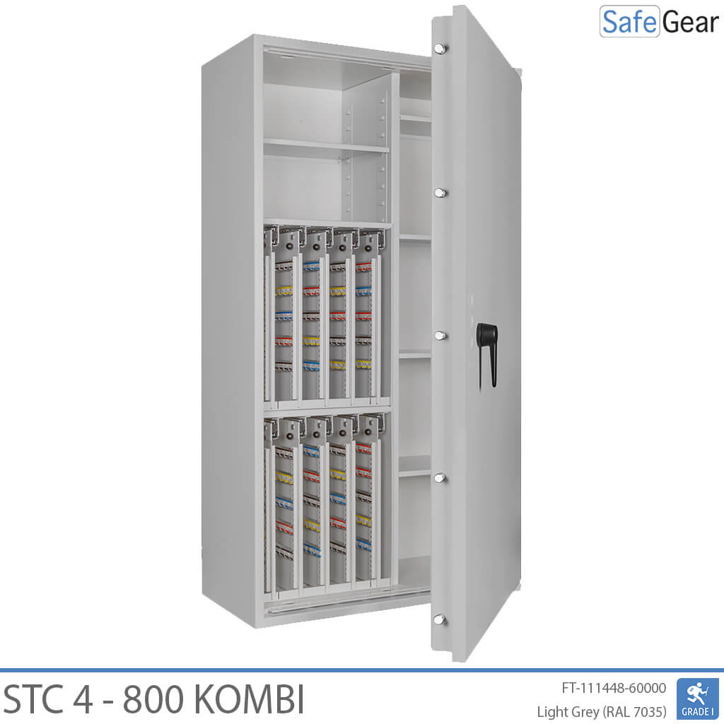 STC 4-800 Kombi key safe in light grey, door open at 45 degrees, key walls and shelves