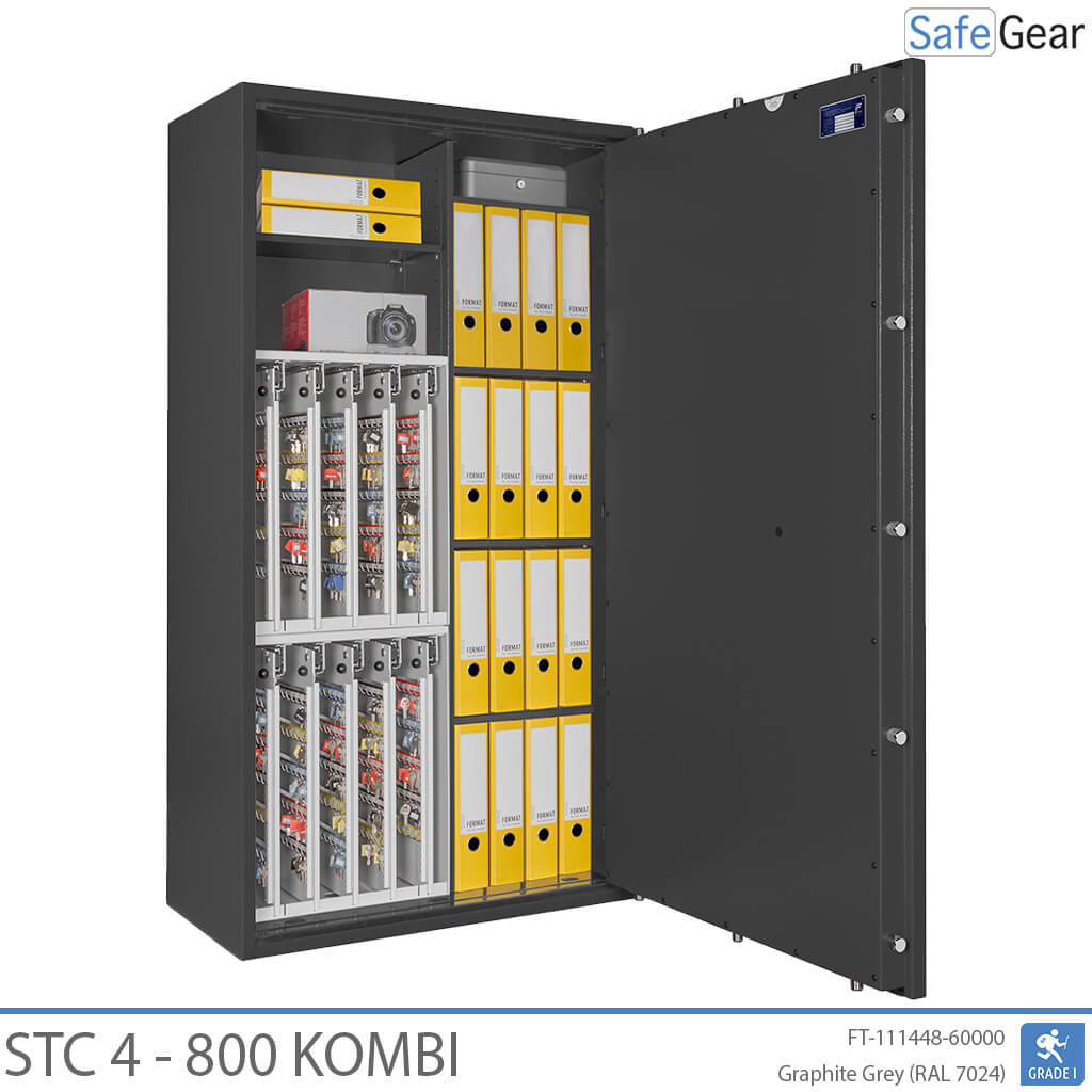 STC 4-800 Kombi key safe in graphite grey, door fully open with keys, valuables and binders