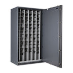 STL AS car key safe in graphite grey with door fully open, showing interior key racks and the keypad on the door