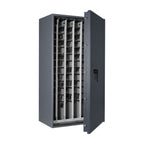 STL AS car key safe in graphite grey, door open showing pull-out racks loaded with car keys and fobs