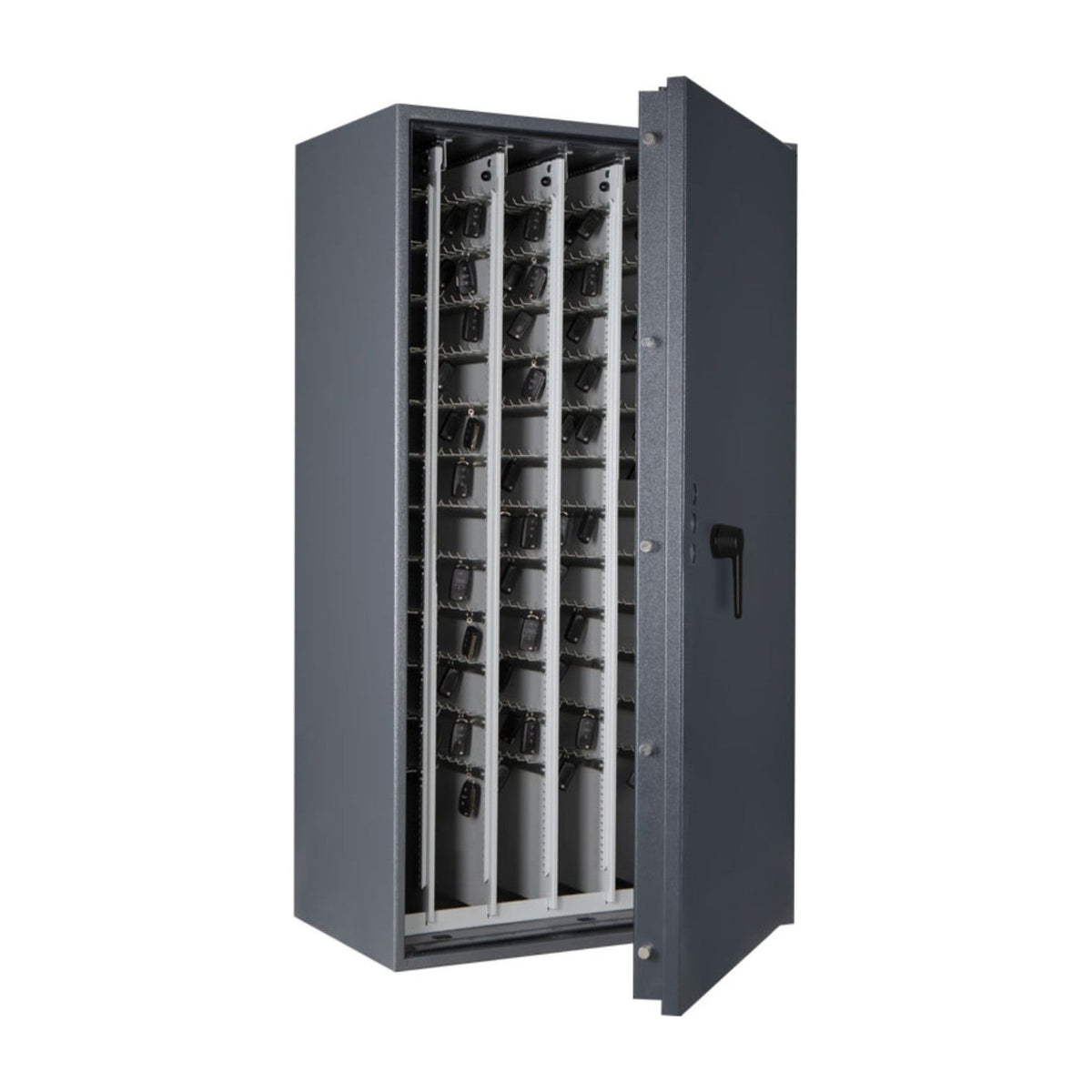STL AS car key safe in graphite grey, door open showing pull-out racks loaded with car keys and fobs