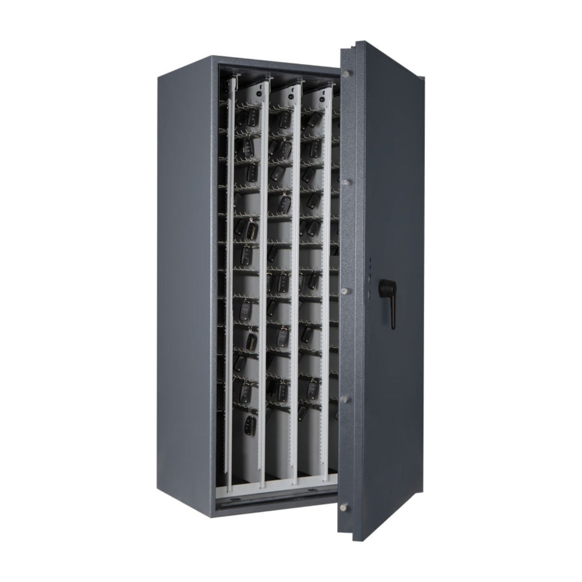 STL AS car key safe in graphite grey, angled view with door open and car keys on pull-out key racks