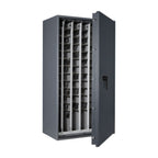 STL AS car key safe in graphite grey, door open at 45 degrees with car keys on the pull-out key racks